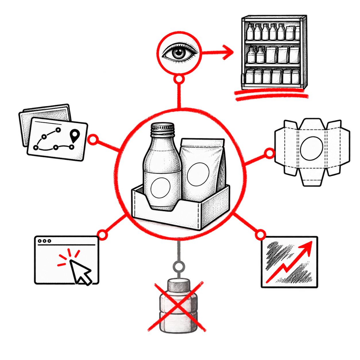 Editorial line drawing of a consumer product connected to packaging, commerce, growth, operations, and retail resources
