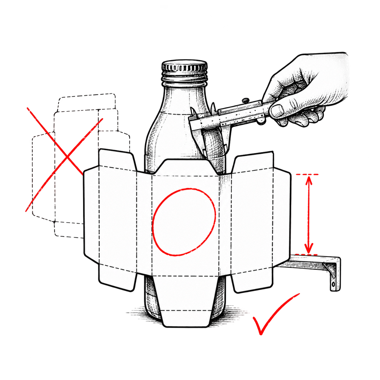 Editorial line illustration of a package under redline review, with correction marks around the front panel.