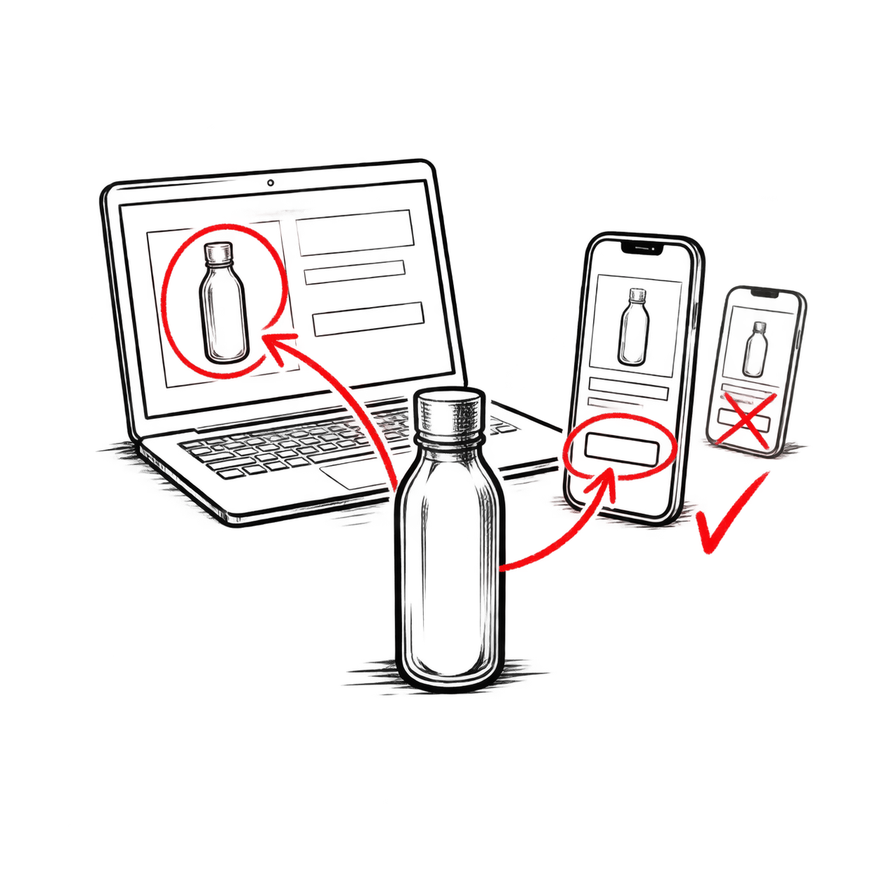 Editorial line illustration of a storefront page marked up like a working document, with annotations in red and black.